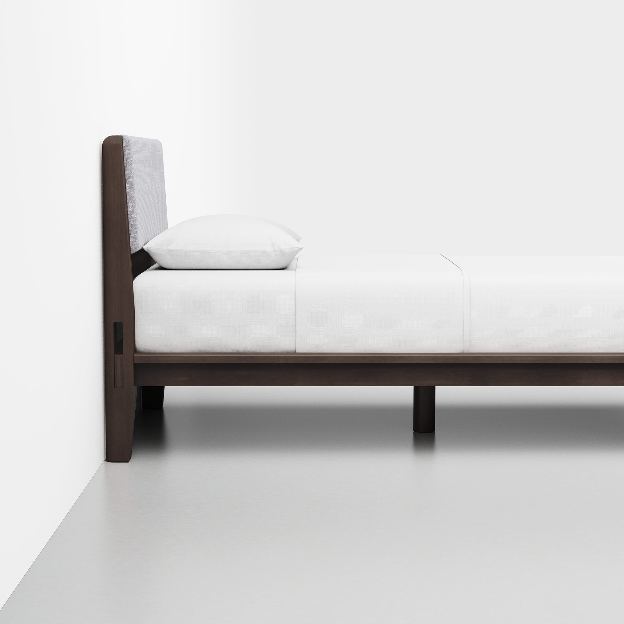 The Bed (Espresso / HB Cushion Fog Grey) - Render - Side