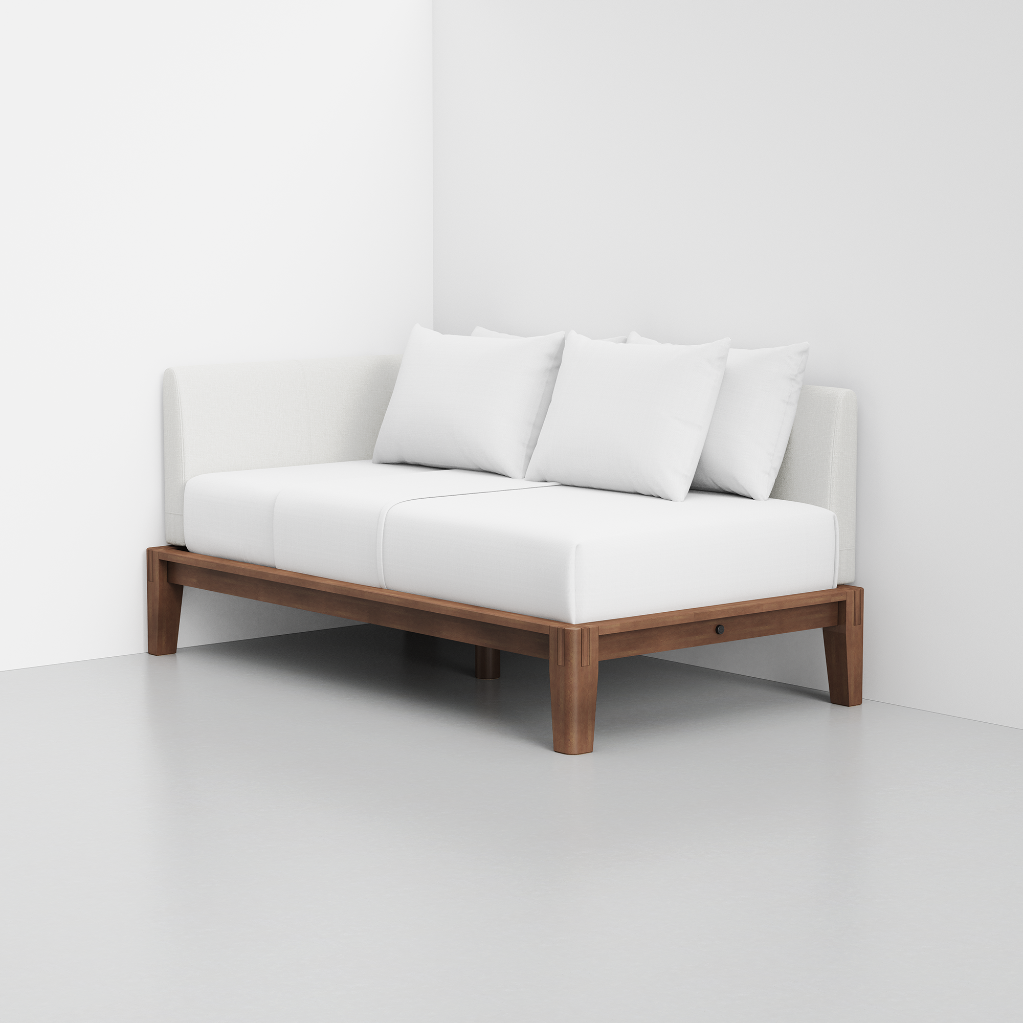 PDP Image: The Daybed (Walnut / Light Linen) - Rendering - Pillows Stacked