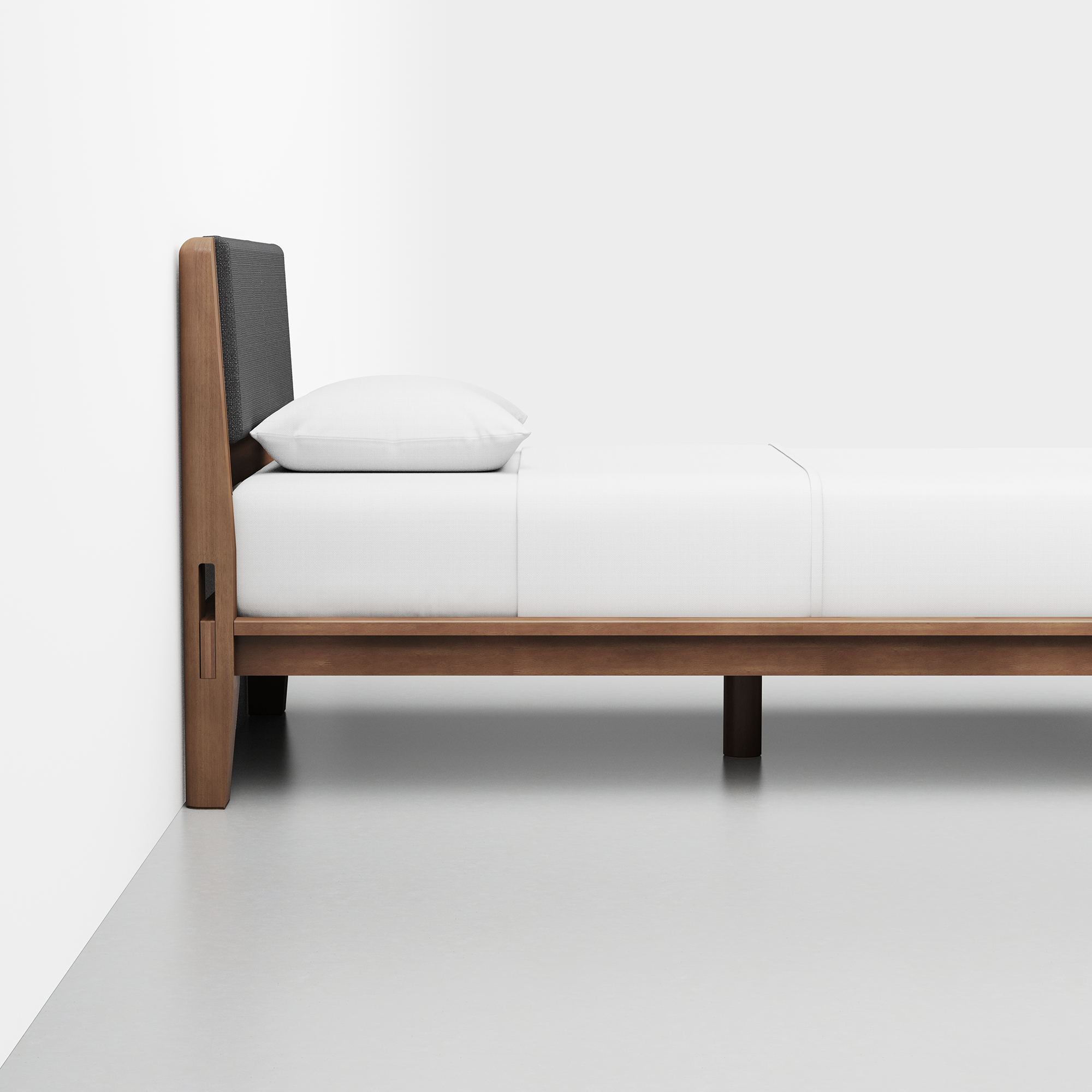 The Bed (Walnut / HB Cushion Dark Charcoal) - Render - Side