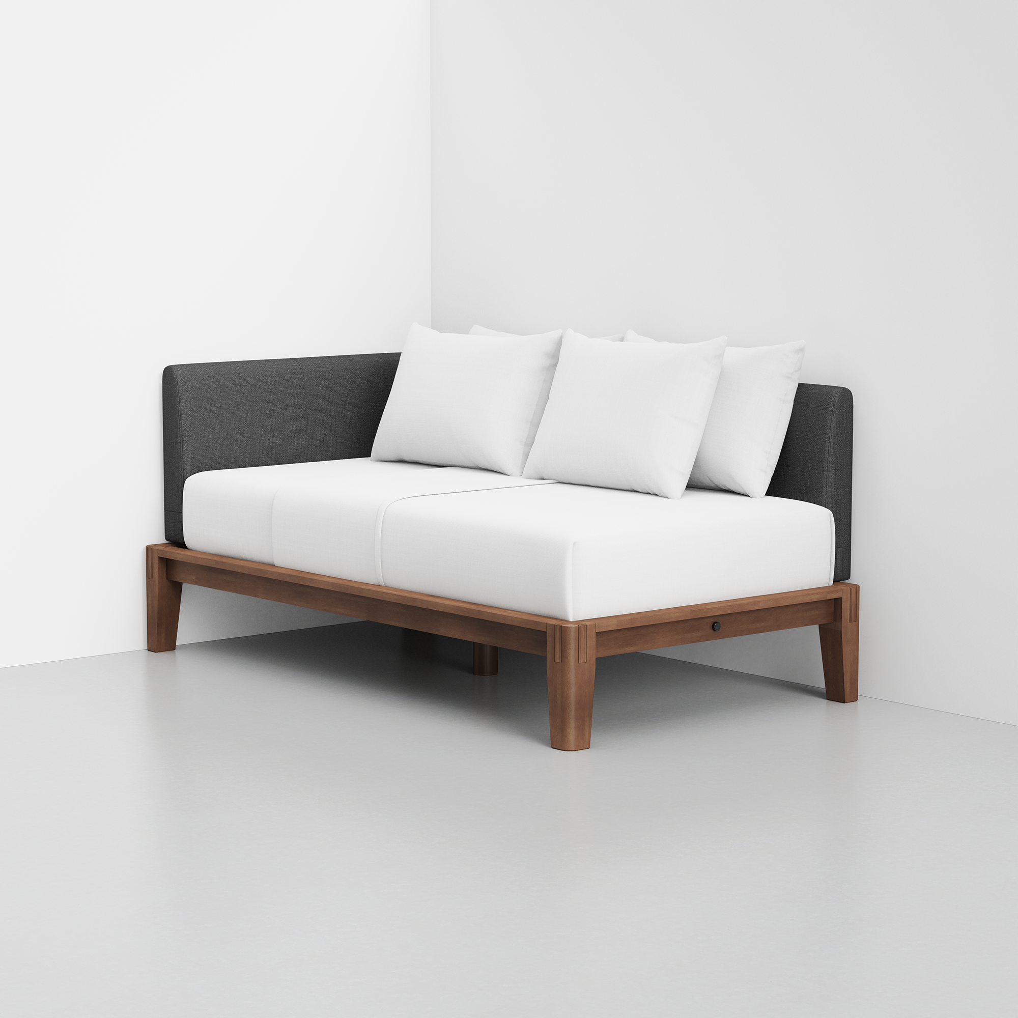 PDP Image: The Daybed (Walnut / Dark Charcoal) - Rendering - Pillows Stacked