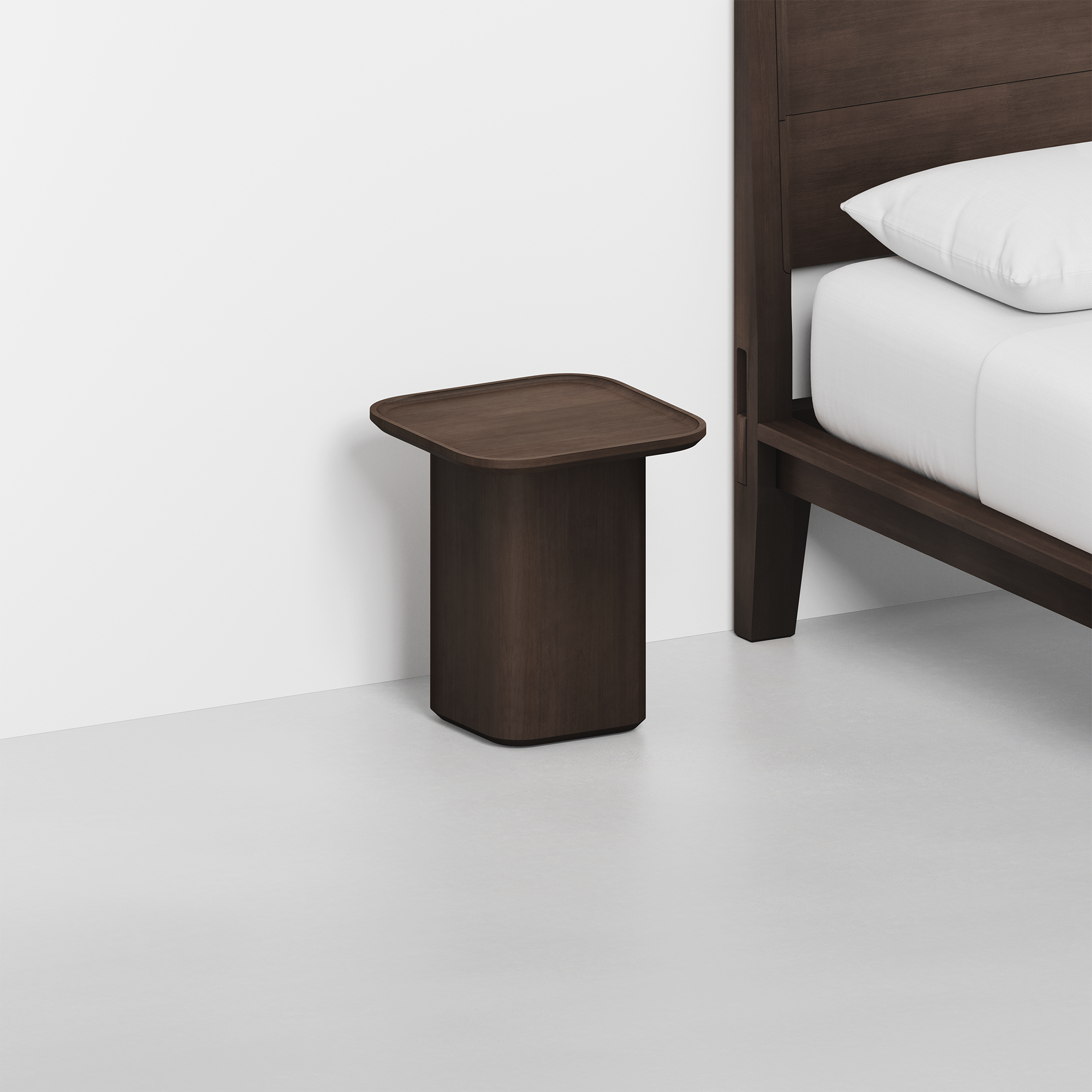 Pedestal Side Table (Espresso) - Render - With Bed Angled