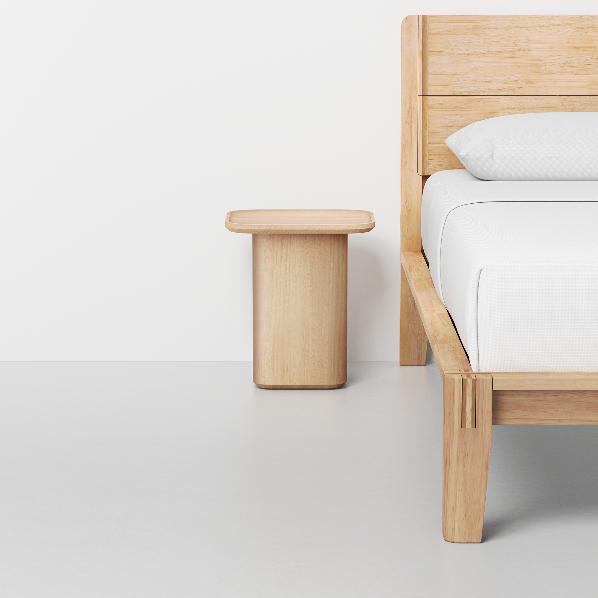 Pedestal Side Table (Natural) - Render - With Bed