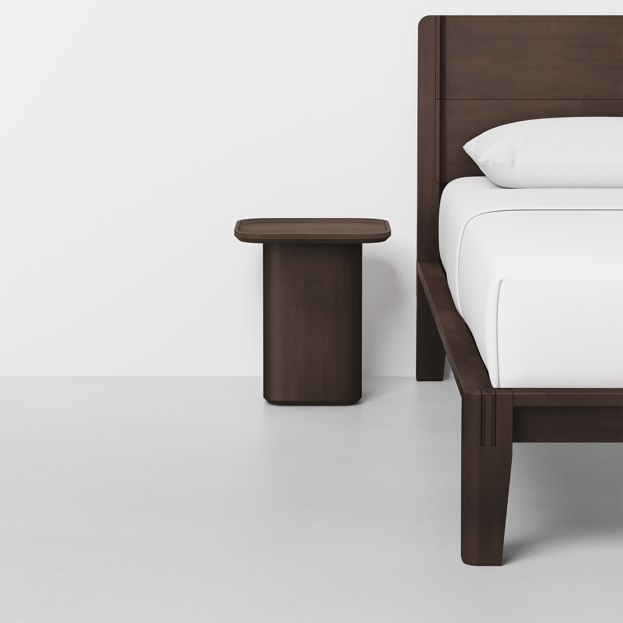 Pedestal Side Table (Espresso) - Render - With Bed