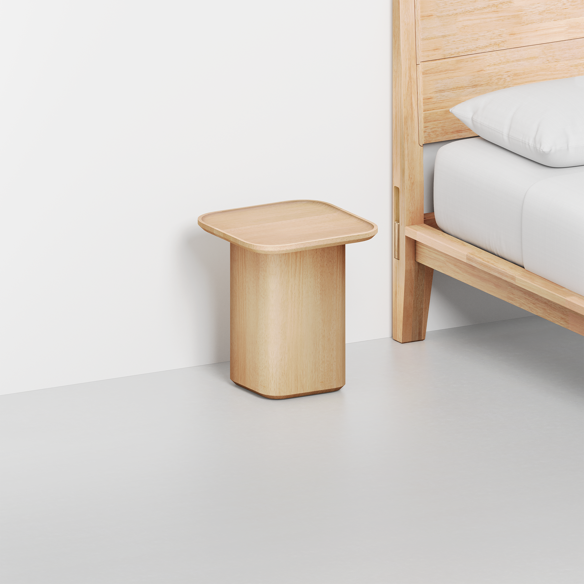 Pedestal Side Table (Natural) - Render - With Bed Angled
