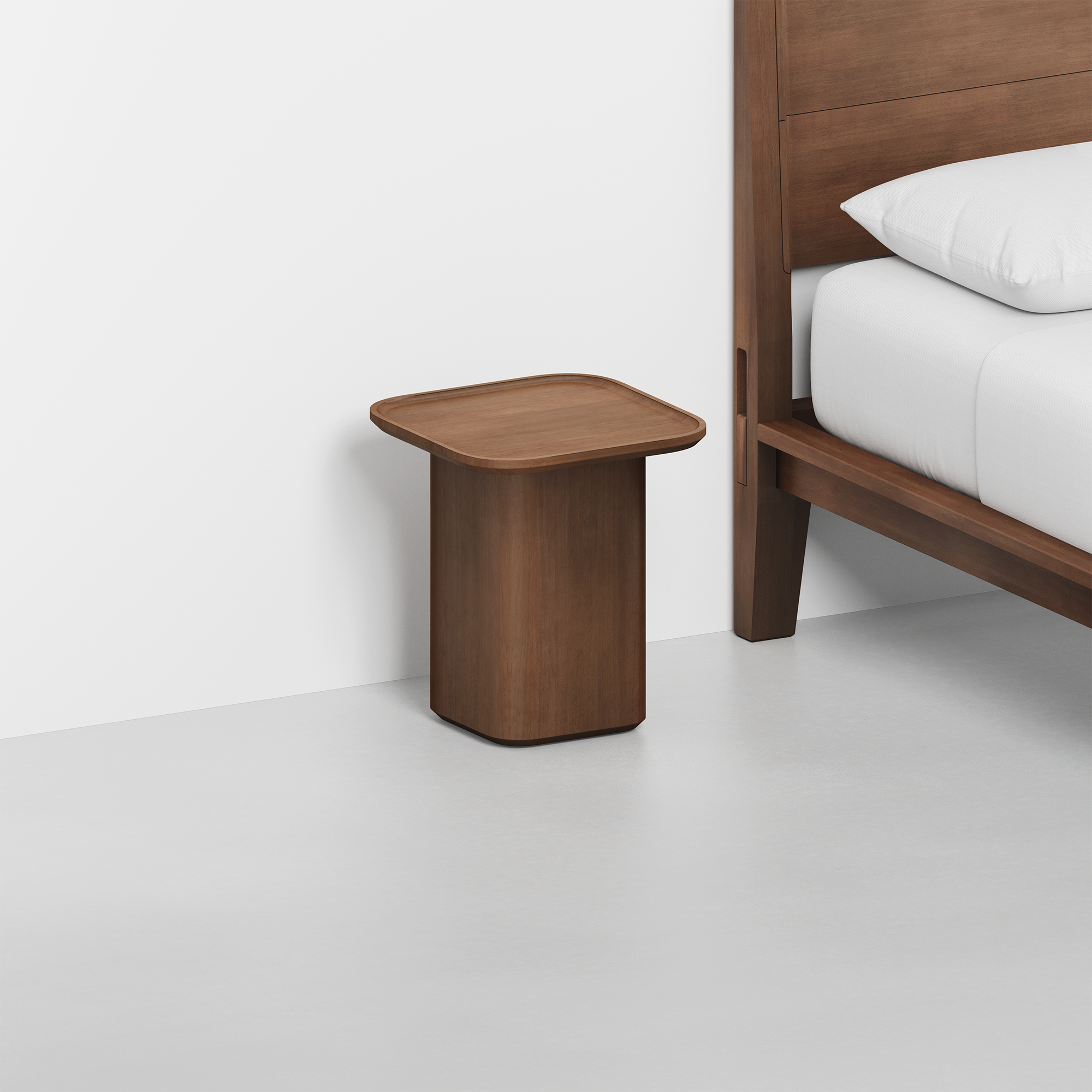 Pedestal Side Table (Walnut) - Render - With Bed Angled